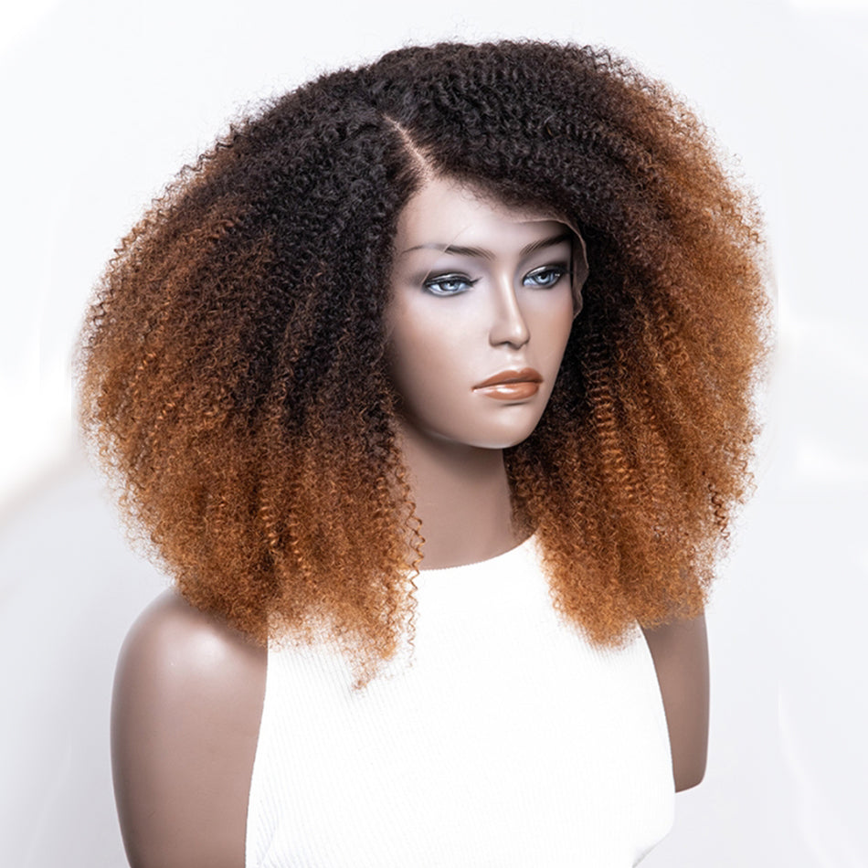 Coily Kinky Curly Ombre Ginger Brown Colored Glueless Lace Wig Full And Bouncy