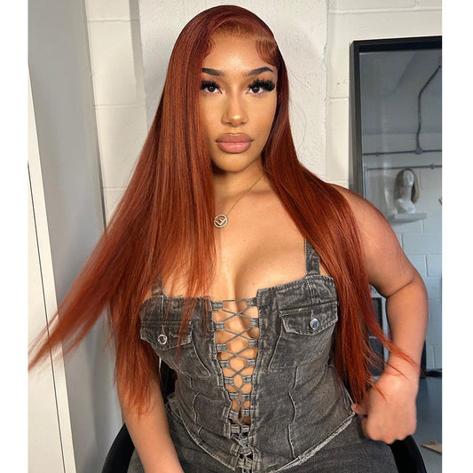 Premium 10A 210% Density Copper Colored 13x6 Lace Front Human Hair Wigs Straight 6x5 Glueless Lace Wig