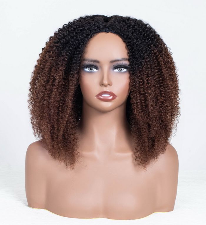 Natural Curly Ombre Brown Colored Seamless V-Part Wig,Can Be Weared No Leave Out, No Crochet