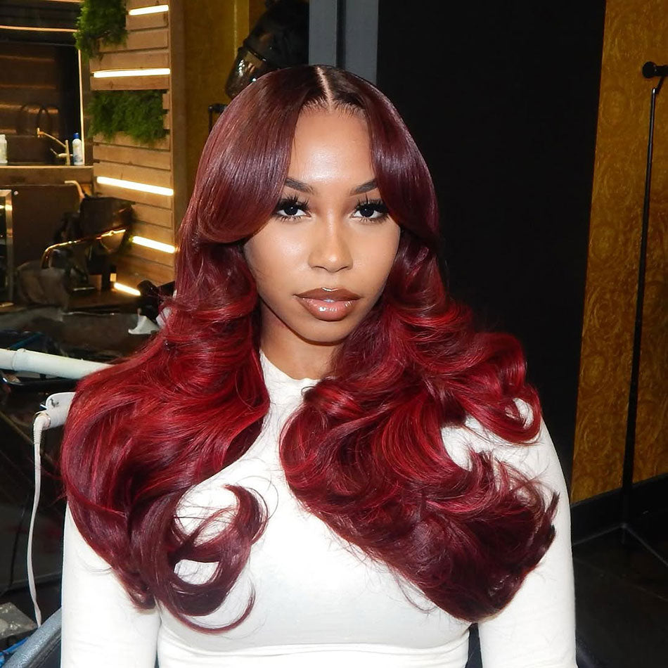 300% Double Drawn Weft Made Curtain Bangs Red Highlight Colored 6x5 Glueless Ready To Go Human Hair Wigs
