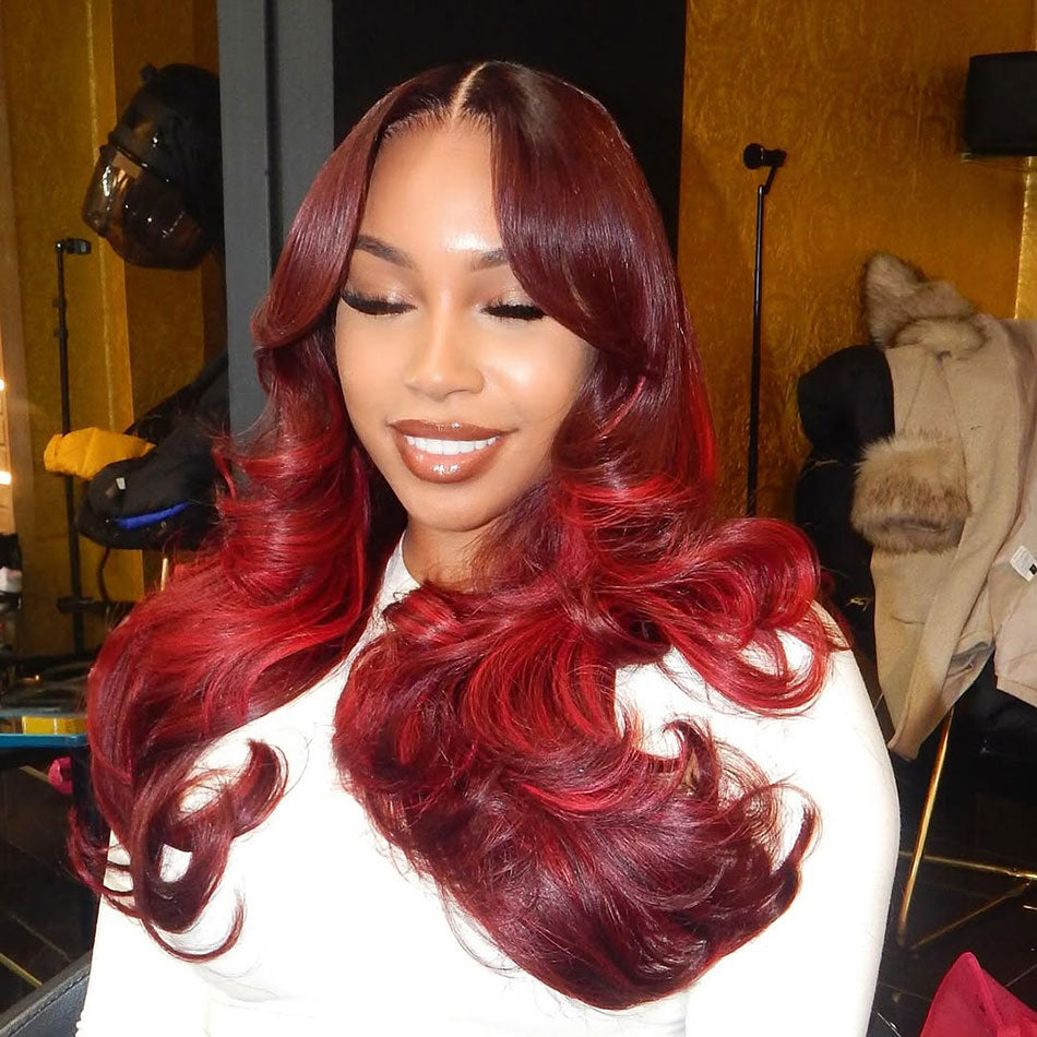 300% Double Drawn Weft Made Curtain Bangs Red Highlight Colored 6x5 Glueless Ready To Go Human Hair Wigs
