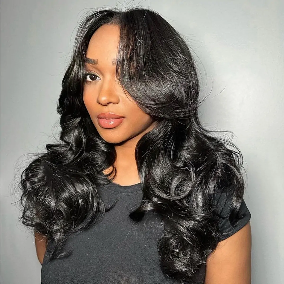 Double Drawn Curtain Bangs HD Transparent 13x6 Lace Front Wig 5x5 Glueless Ready Go Human Hair Wigs Body Wave