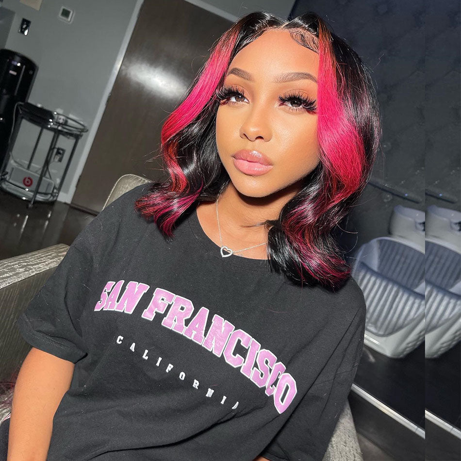 Skunk Stripe Pink Colored Human Hair Wigs