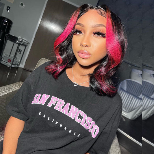 Skunk Stripe Pink Colored Human Hair Wigs