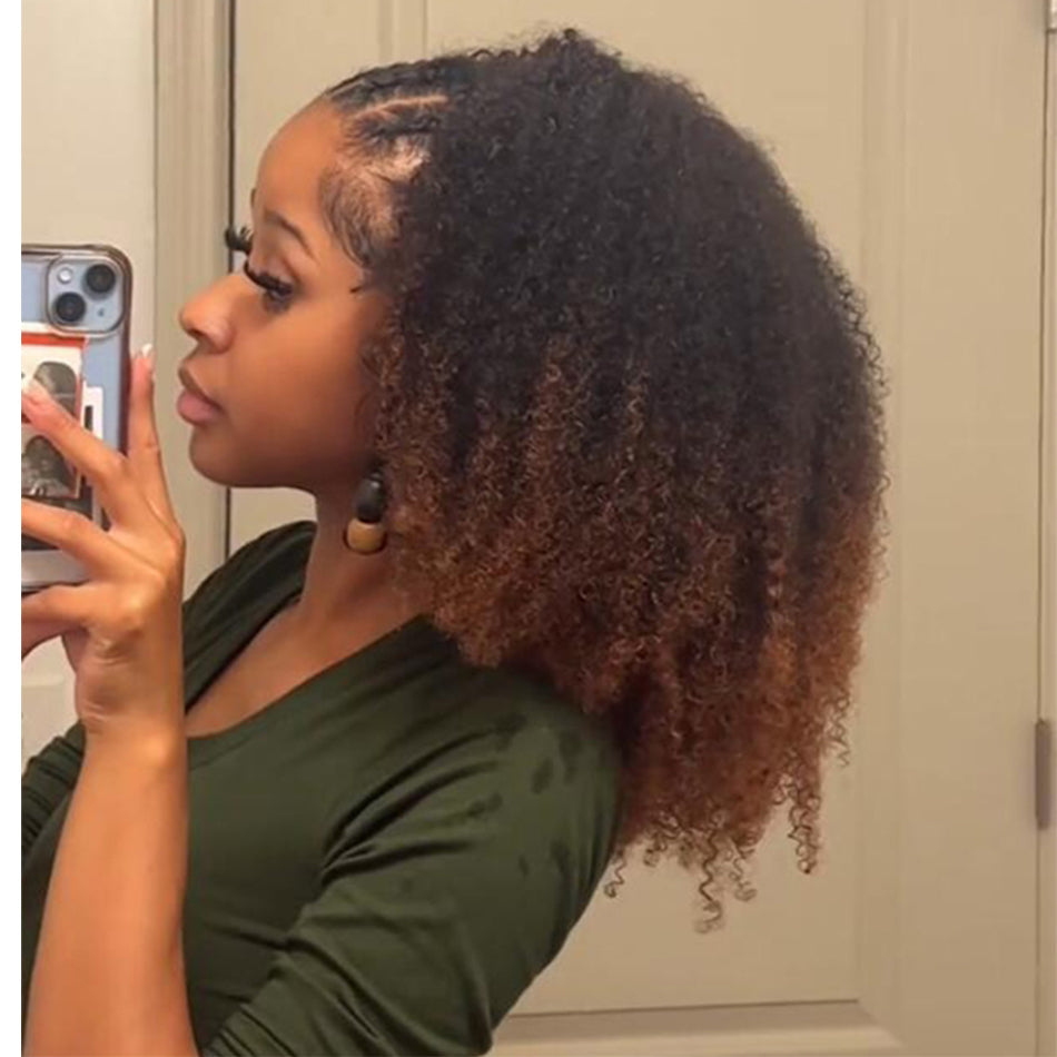 Coily Curly Ombre Brown Colored 3 In 1 Half Wig ( Can be weared in half wig / headband wig / ponytail )