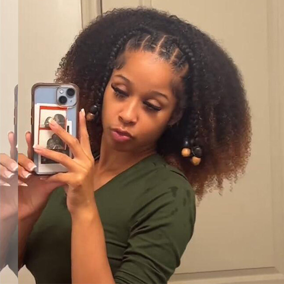 Coily Curly Ombre Brown Colored 3 In 1 Half Wig ( Can be weared in half wig / headband wig / ponytail )