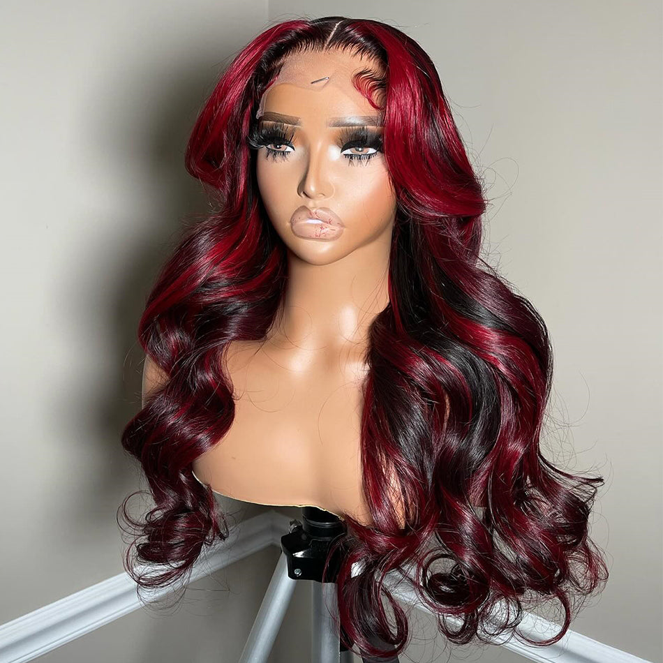 Premium 10A 210% Density Ombre Red Highlights Colored 13x6 Lace Front Wig 6x5 Glueless Ready To Go Human Hair Wigs Body Wave