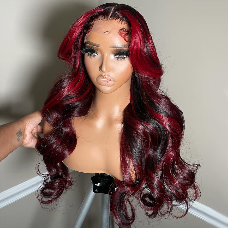 Premium 10A 210% Density Ombre Red Highlights Colored 13x6 Lace Front Wig 6x5 Glueless Ready To Go Human Hair Wigs Body Wave