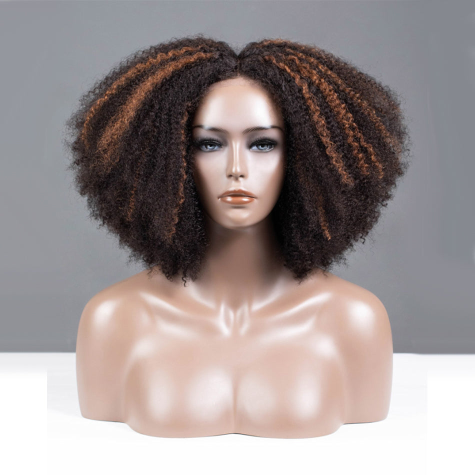 Highlight Blonde Colored Coily Human Hair Wig Glueless Lace Wig Full And Bouncy