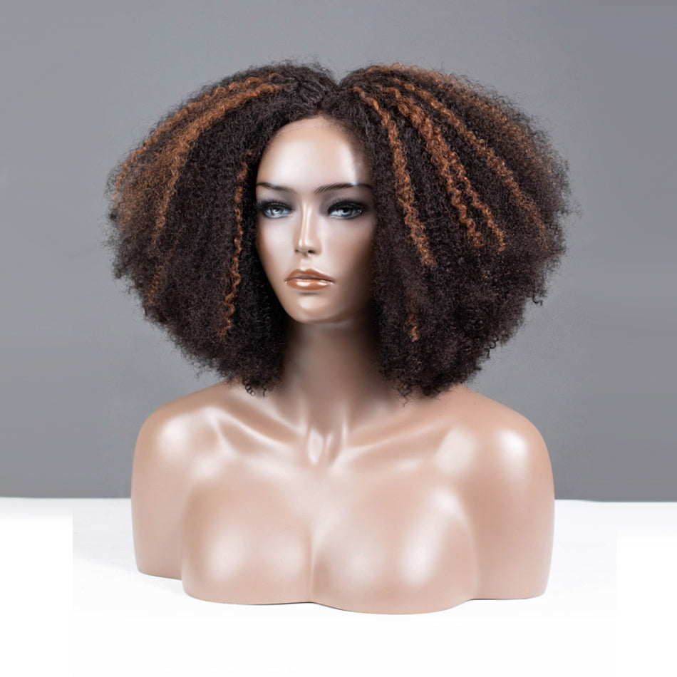 Highlight Blonde Colored Coily Human Hair Wig Glueless Lace Wig Full And Bouncy