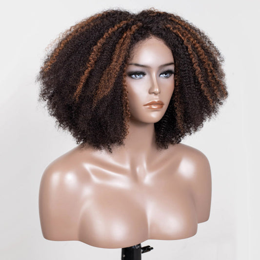 Highlight Blonde Colored Coily Human Hair Wig Glueless Lace Wig Full And Bouncy