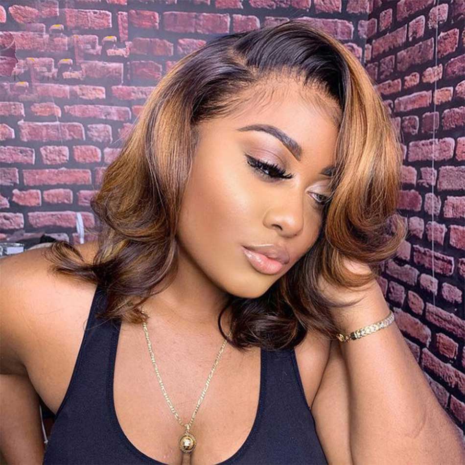 Highlight Colored Short Wavy Human Hair Wigs Full And Bouncy