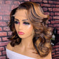 Highlight Colored Short Wavy Human Hair Wigs Full And Bouncy