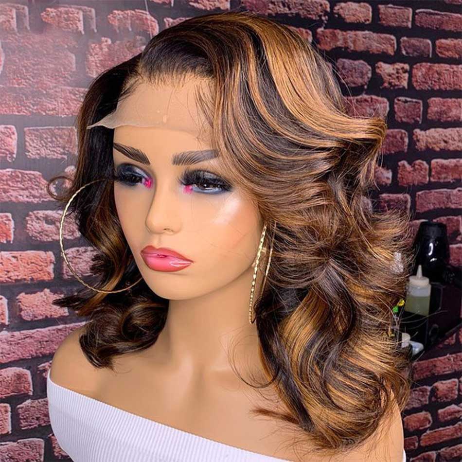 Highlight Colored Short Wavy Human Hair Wigs Full And Bouncy