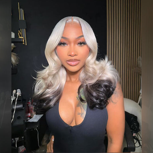 250% Density Professional Toned Ombre Platinum With Black 13x6 Lace Front Human Hair Wigs
