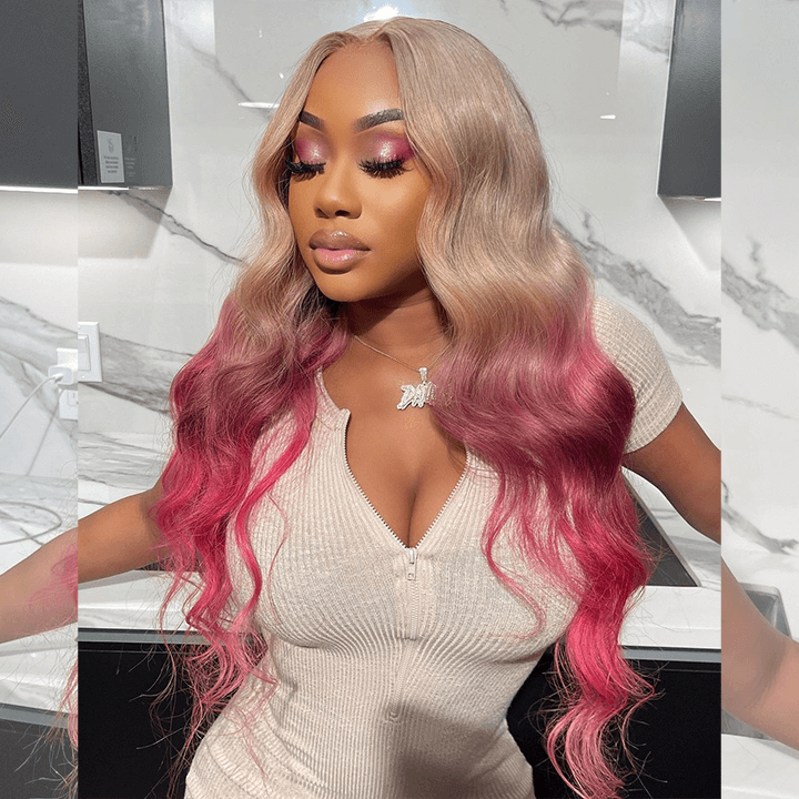 Ombre Platinum Blonde With Rose Pink HD Transparent 13x6 Lace Front Human Hair Wig Body Wave