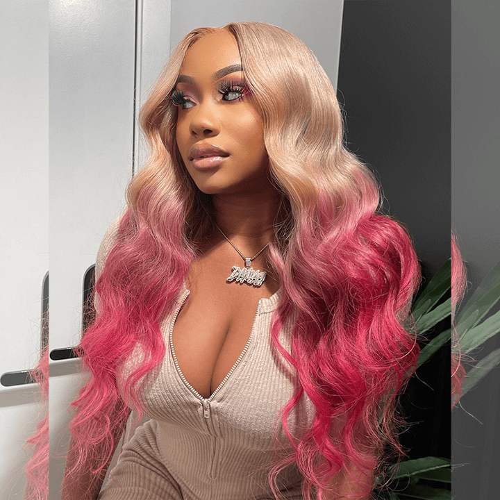 Ombre Platinum Blonde With Rose Pink HD Transparent 13x6 Lace Front Human Hair Wig Body Wave