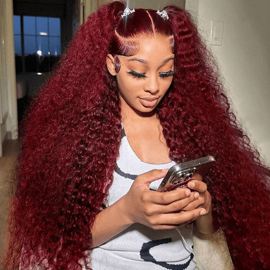 Premium 10A 210% Density Reddish Burgundy Colored 13x6 Lace Front Closure Curly 6x5 Glueless Ready To Go Human Hair Wigs