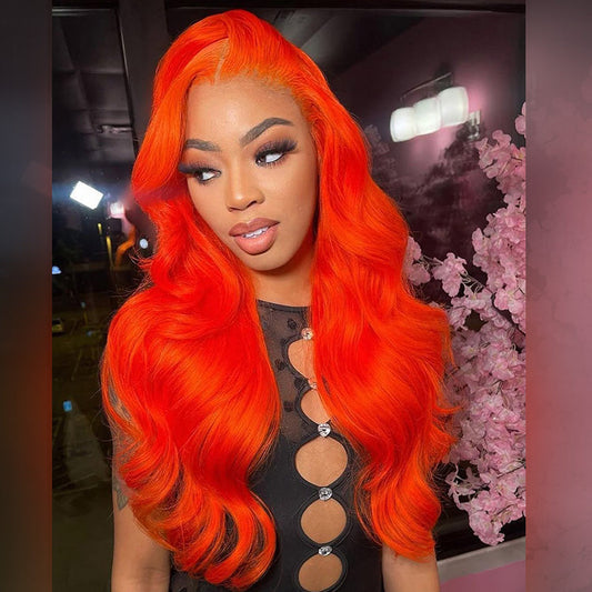 250% Density Bright Orange Red Colored 13x6 Lace Front Human Hair Wigs