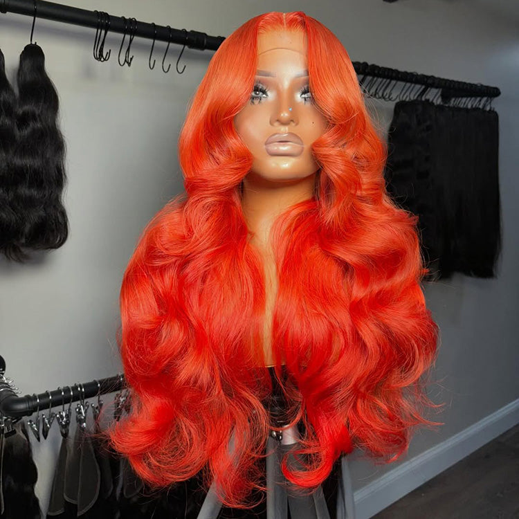 250% Density Bright Orange Red Colored 13x6 Lace Front Human Hair Wigs