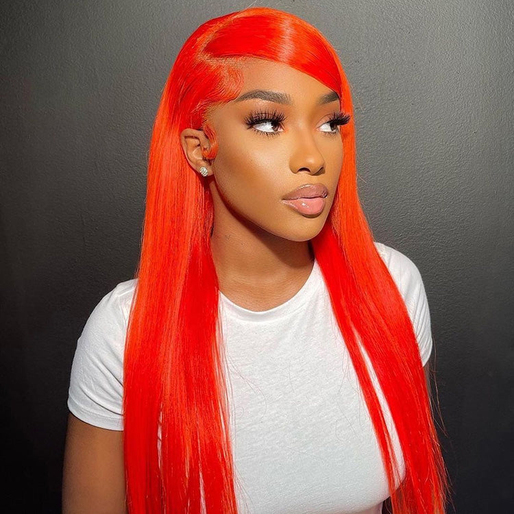 250% Density Bright Orange Red Colored 13x6 Lace Front Human Hair Wigs