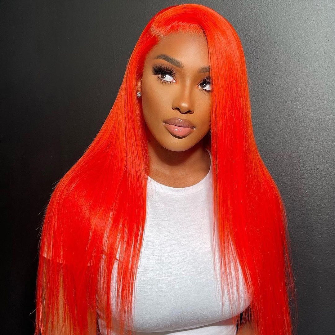 250% Density Bright Orange Red Colored 13x6 Lace Front Human Hair Wigs