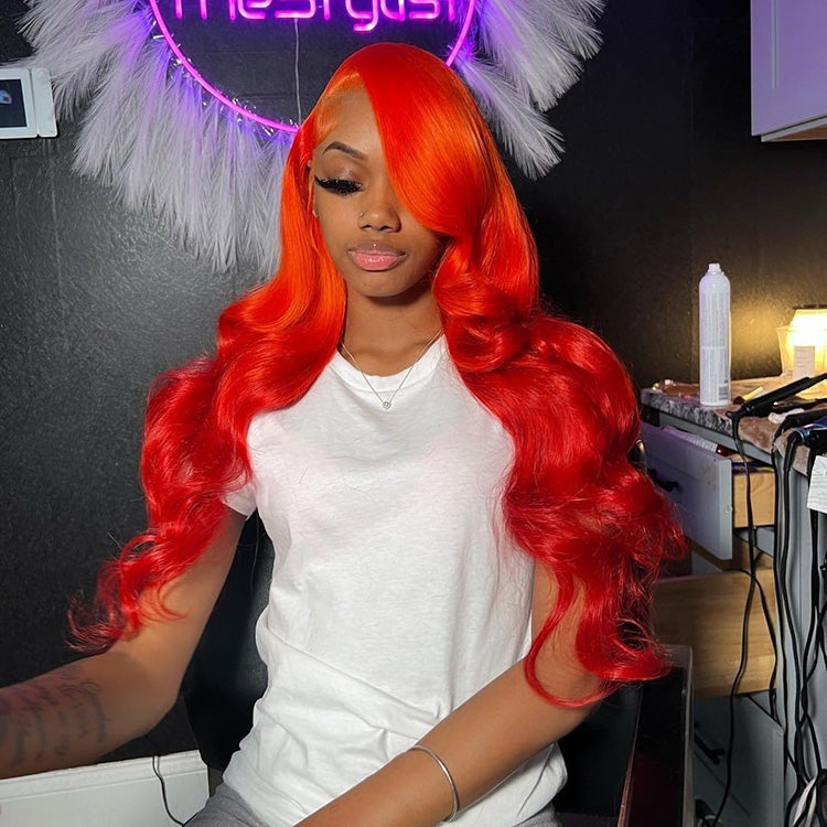 250% Density Bright Orange Red Colored 13x6 Lace Front Human Hair Wigs