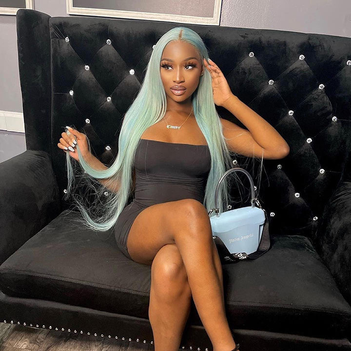 Professional Toned Light Blue Colored 250% Density HD Transparent 13x6 Lace Human Hair Wigs