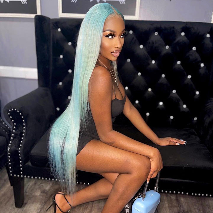 Professional Toned Light Blue Colored 250% Density HD Transparent 13x6 Lace Human Hair Wigs