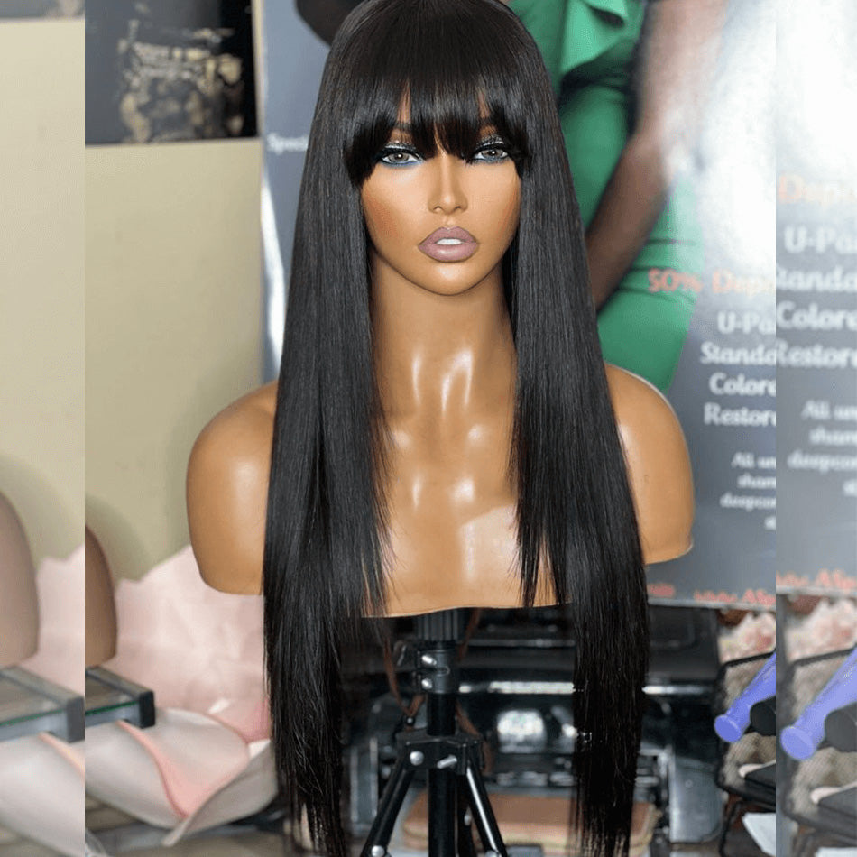 Human Hair Wigs With Bang Machine Made Hairstyle Wig