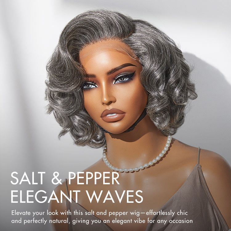 Premium Boss Vibe Salt & Pepper Layered Cut 100% Human Hair Bob Wig Wear Go Glueless Lace Wigs Youthful Hairstyle-100