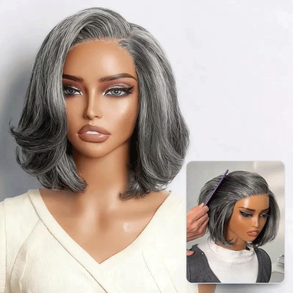 Premium Boss Vibe Salt & Pepper Layered Cut 100% Human Hair Bob Wig Wear Go Glueless Lace Wigs Youthful Hairstyle-100