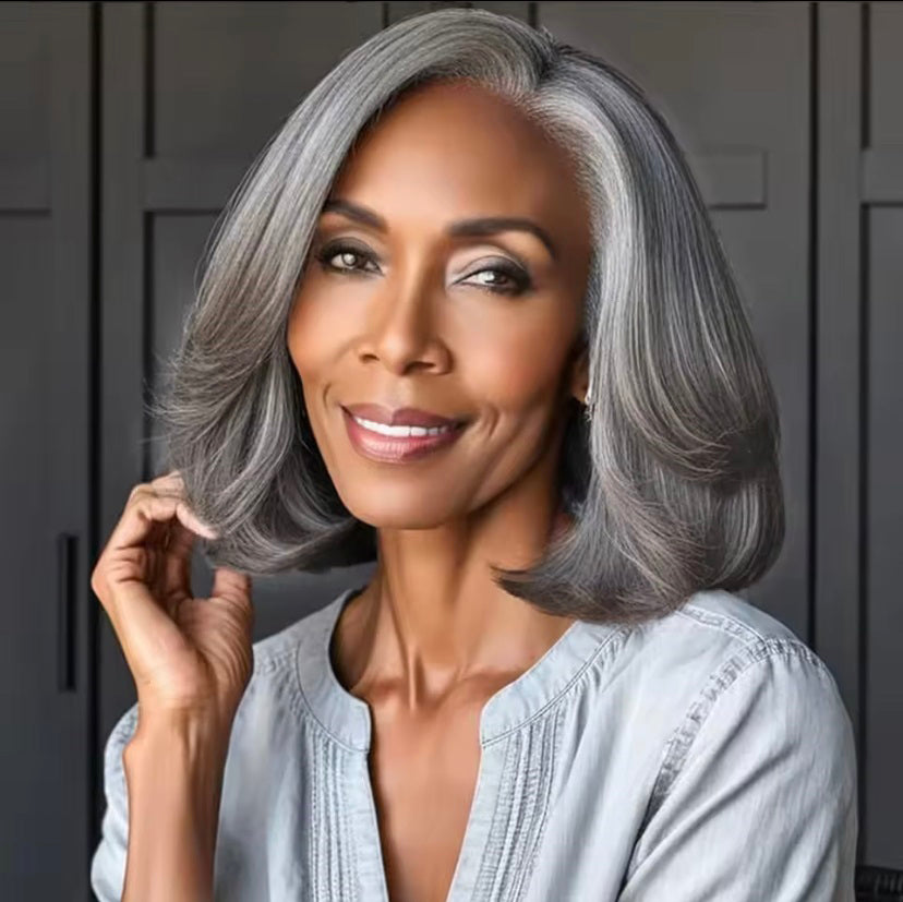 Premium Boss Vibe Salt & Pepper Colored Layered Cut 100% Human Hair Bob Wig Wear Go Glueless Lace Wigs For Lady