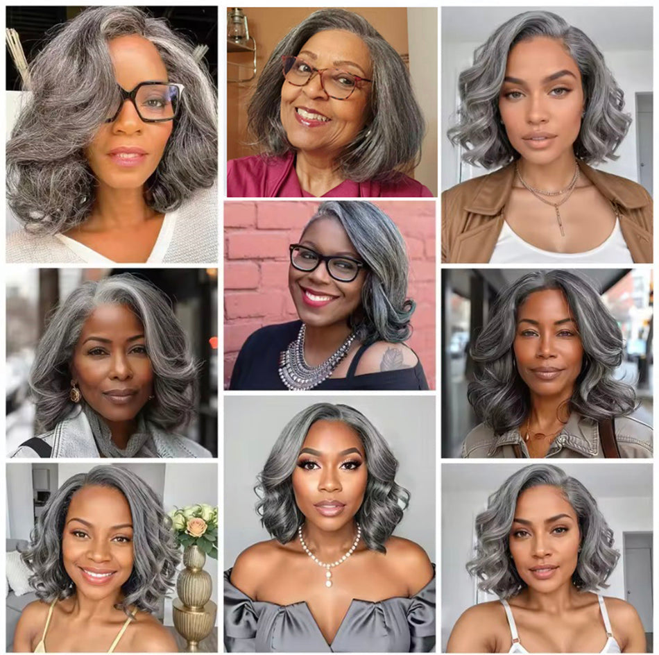Premium Boss Vibe Salt & Pepper Colored Layered Cut 100% Human Hair Bob Wig Wear Go Glueless Lace Wigs For Lady