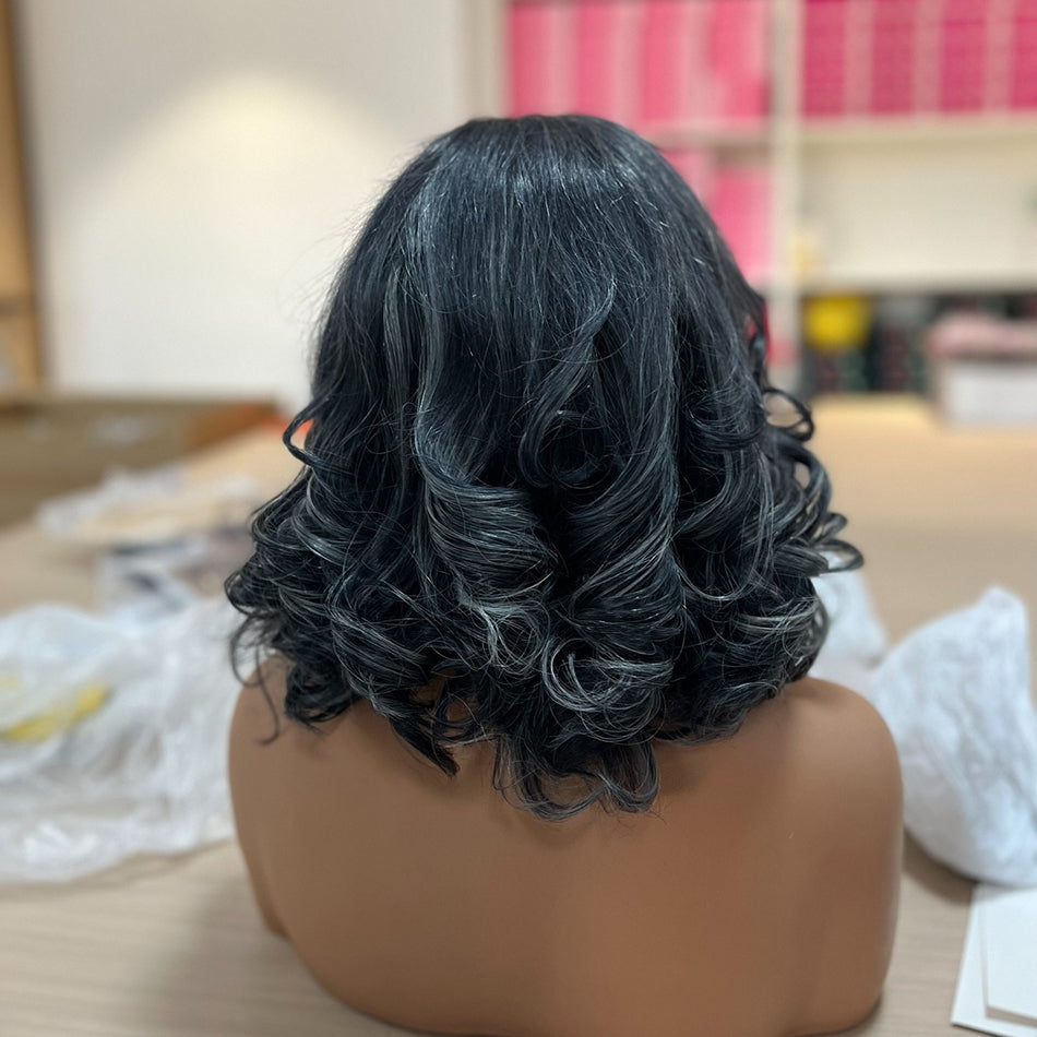 Mature Boss Vibe Premium Salt & Pepper Colored Layered Cut 100% Human Hair Bob Wig Wear Go Glueless Lace Wigs For Lady