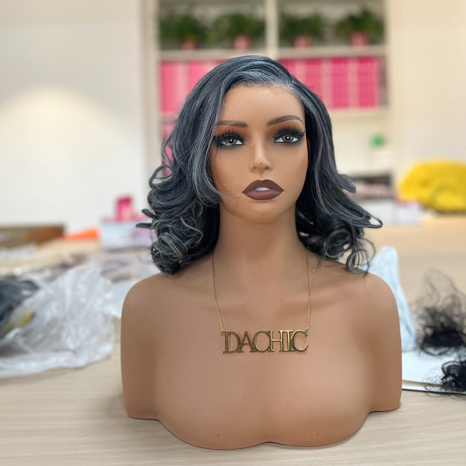 Mature Boss Vibe Premium Salt & Pepper Colored Layered Cut 100% Human Hair Bob Wig Wear Go Glueless Lace Wigs For Lady