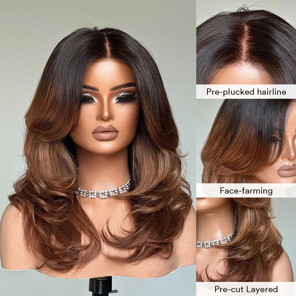 250% Density Ombre Brown Curtain Bangs And Layered Cut Design Glueless Lace Wig