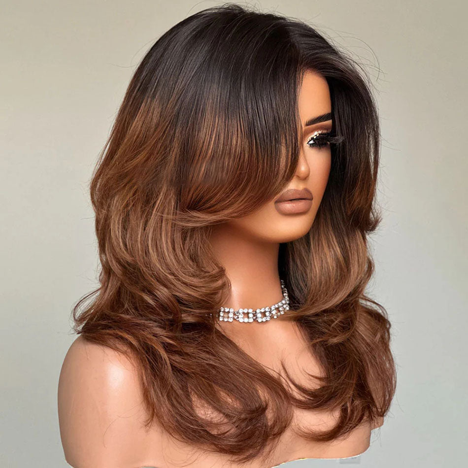 250% Density Ombre Brown Curtain Bangs And Layered Cut Design Glueless Lace Wig