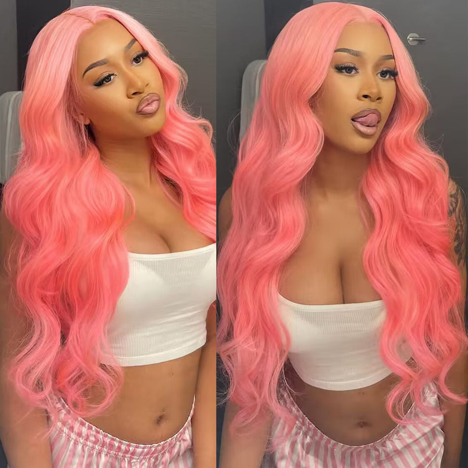 210% Density Customized Colored Pink Wigs Human Hair HD Transparent 13x6 Lace Front Wigs Brazilian Body Wave