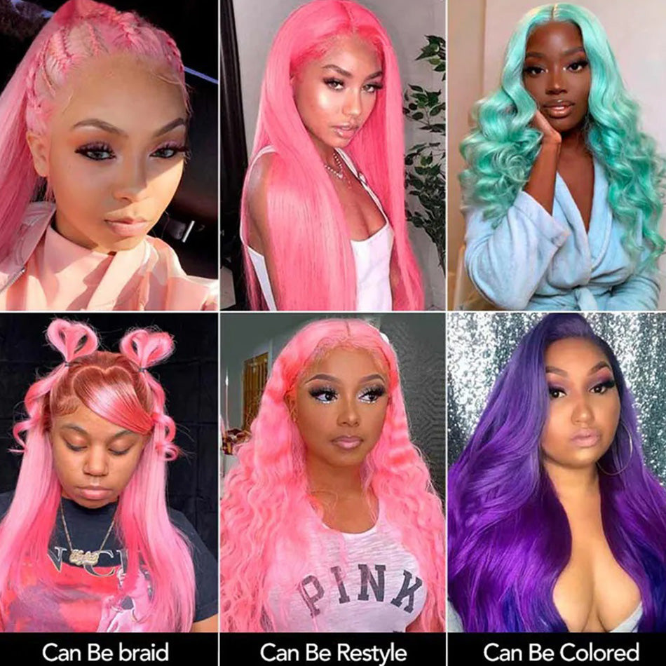 210% Density Customized Colored Pink Wigs Human Hair HD Transparent 13x6 Lace Front Wigs Brazilian Body Wave