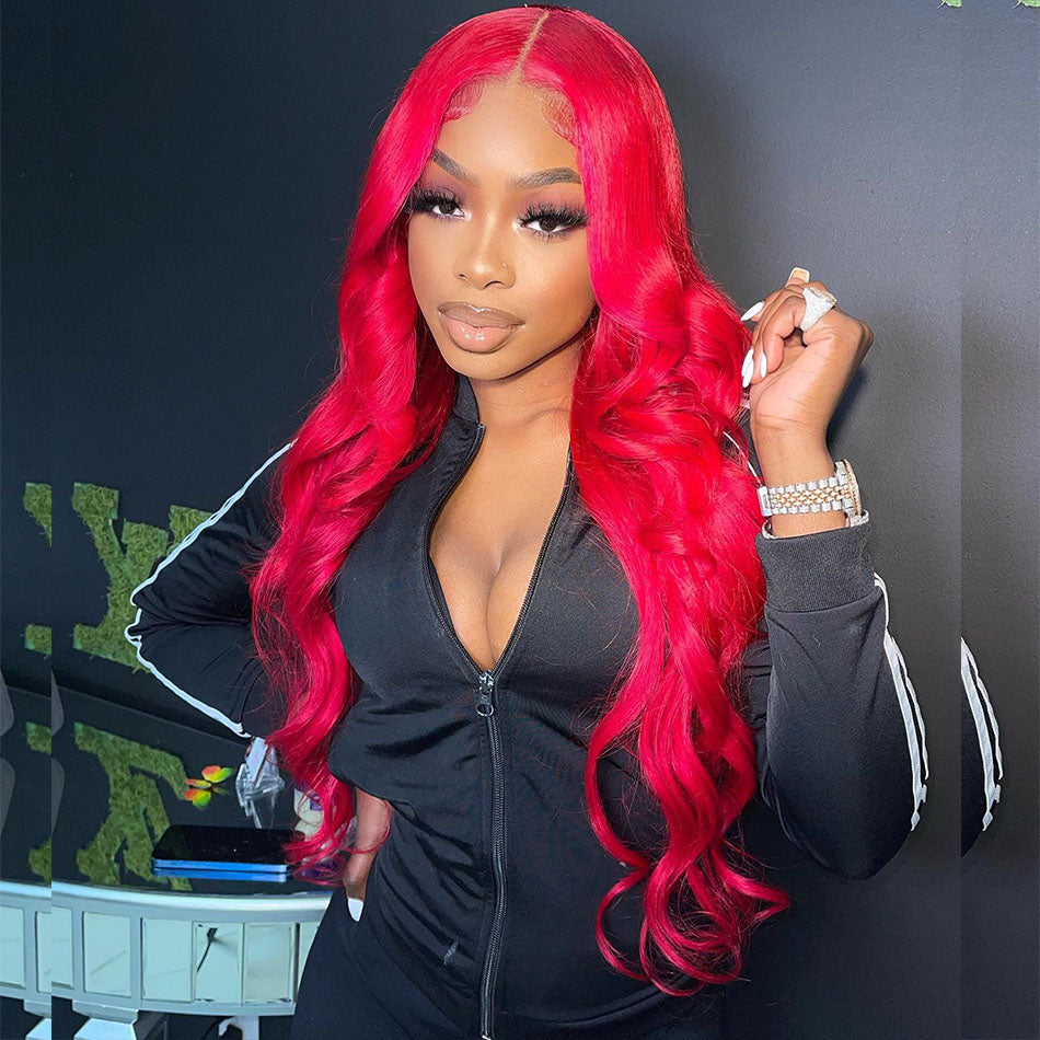 Flower Red Color HD Transparent 13x6 Lace Front Human Hair Wig