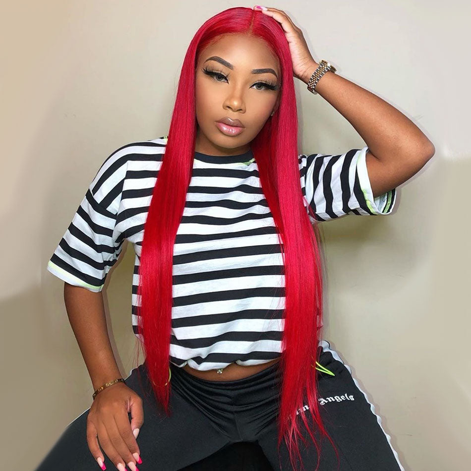 Flower Red Color HD Transparent 13x6 Lace Front Human Hair Wig