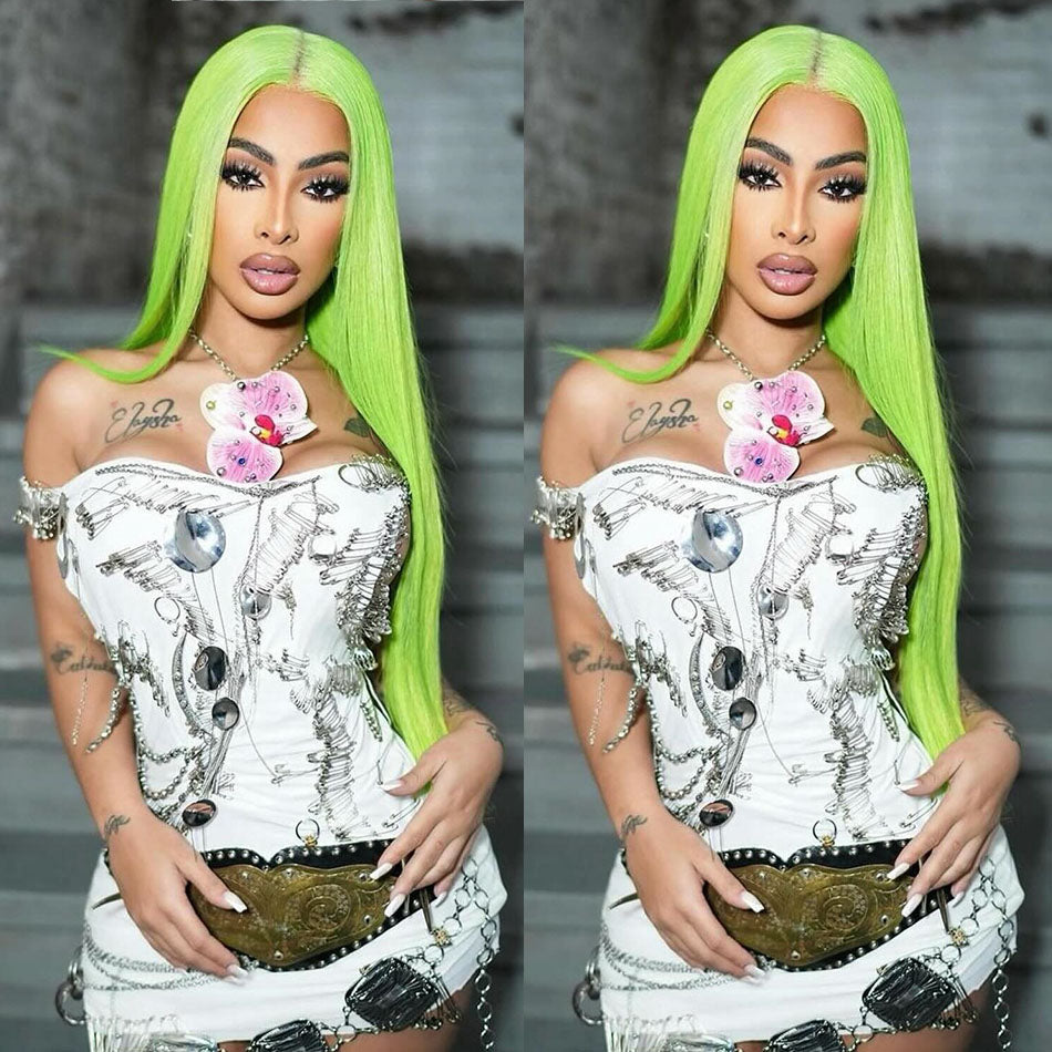 250% Density Professional Toned Light Green HD Transparent 13x6 Lace Front Human Hair Wig Straight Hair