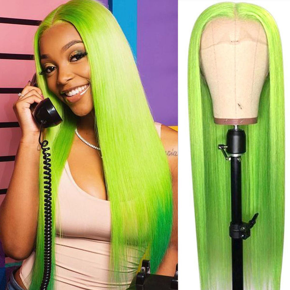 250% Density Professional Toned Light Green HD Transparent 13x6 Lace Front Human Hair Wig Straight Hair