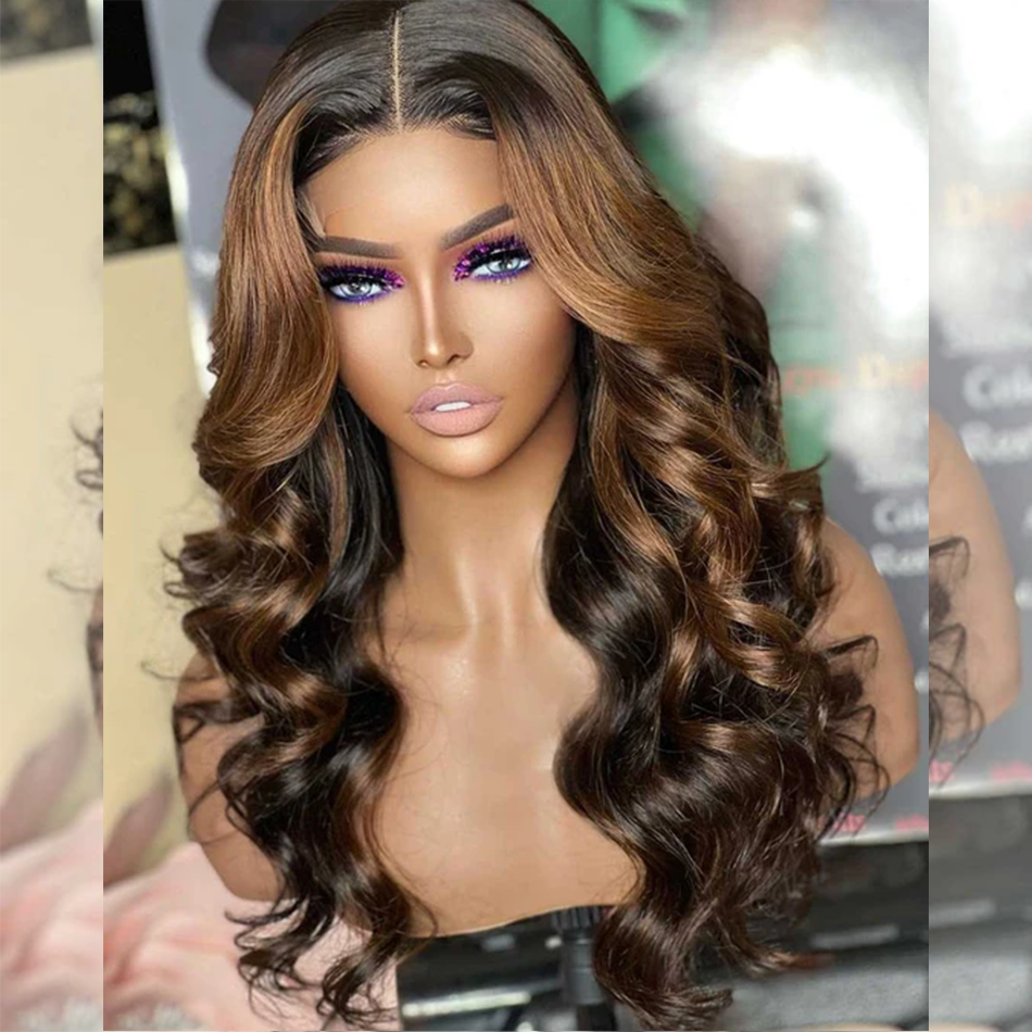 Hairstylist Works 250% Luxurious 5x5 Highlight Brown Colored Lace Closure Human Hair Wigs Body Wave