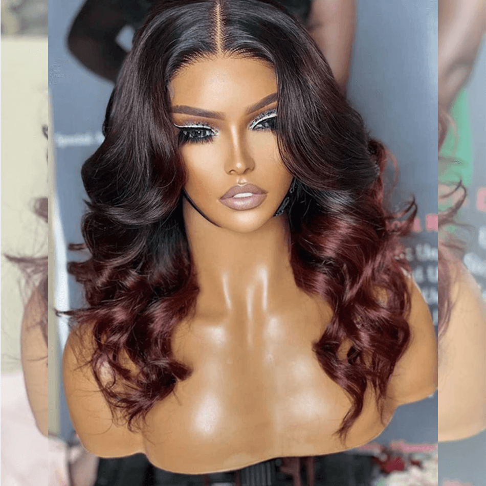 Perfect Woking Wig  Double Drawn Shoulder Length Short Wigs 1B/ 99J Half Black Half Wine Red Wig