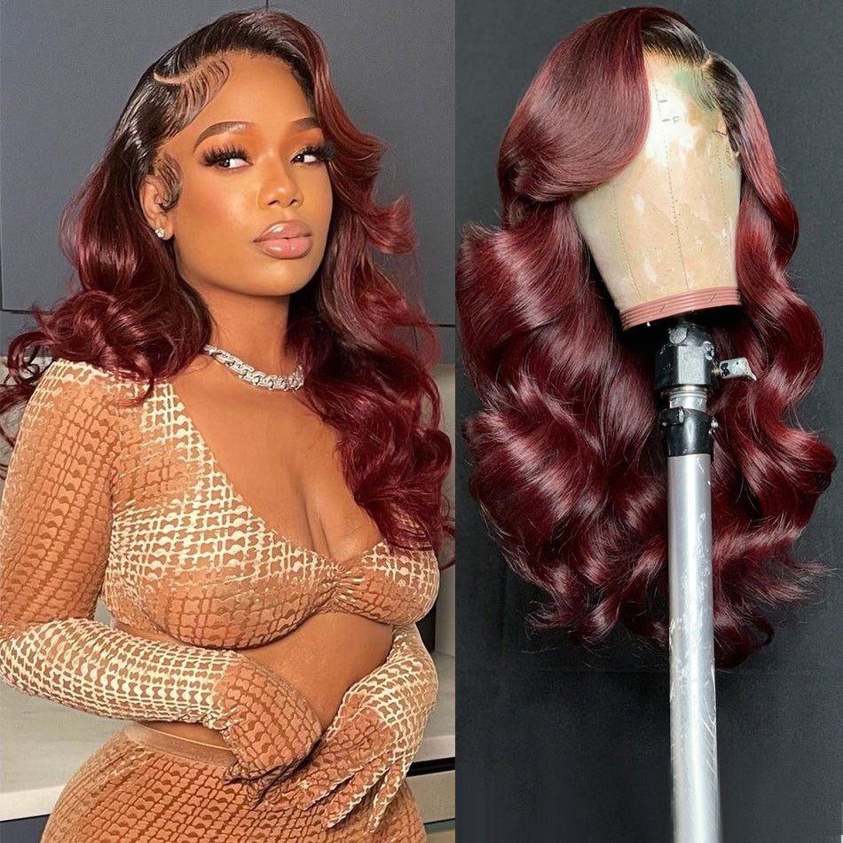 250% Density 99J Burgundy Lace Wigs With Dark Roots Very Full And Bouncy
