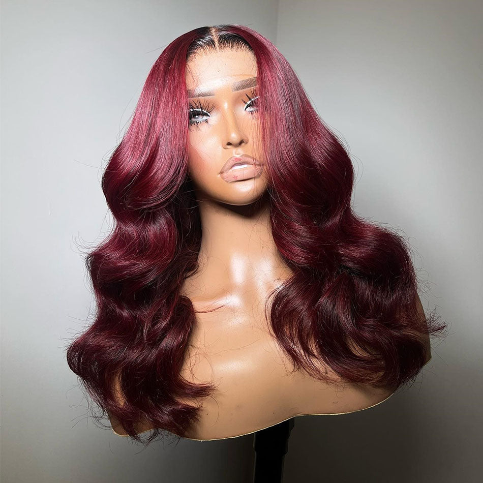 210% Density 99J Burgundy Lace Wigs With Dark Roots Very Full And Bouncy