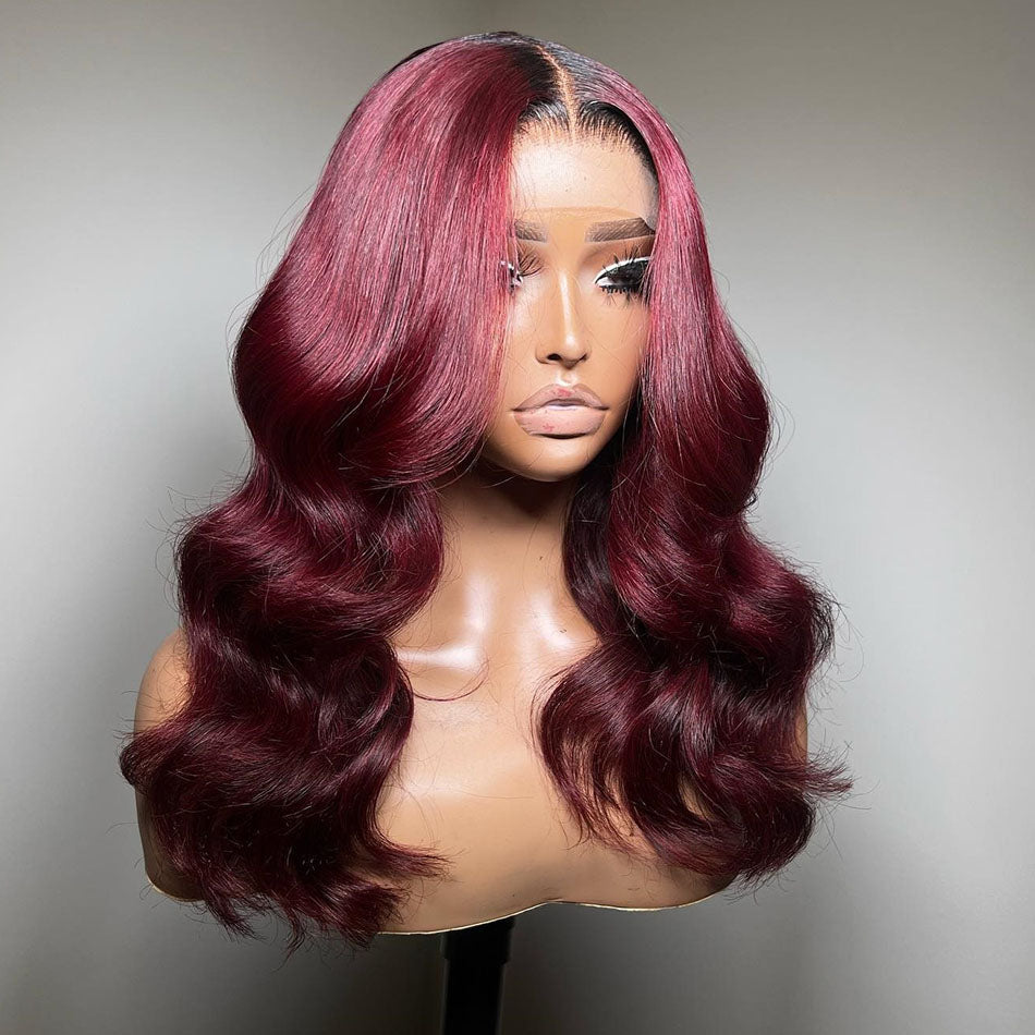210% Density 99J Burgundy Lace Wigs With Dark Roots Very Full And Bouncy